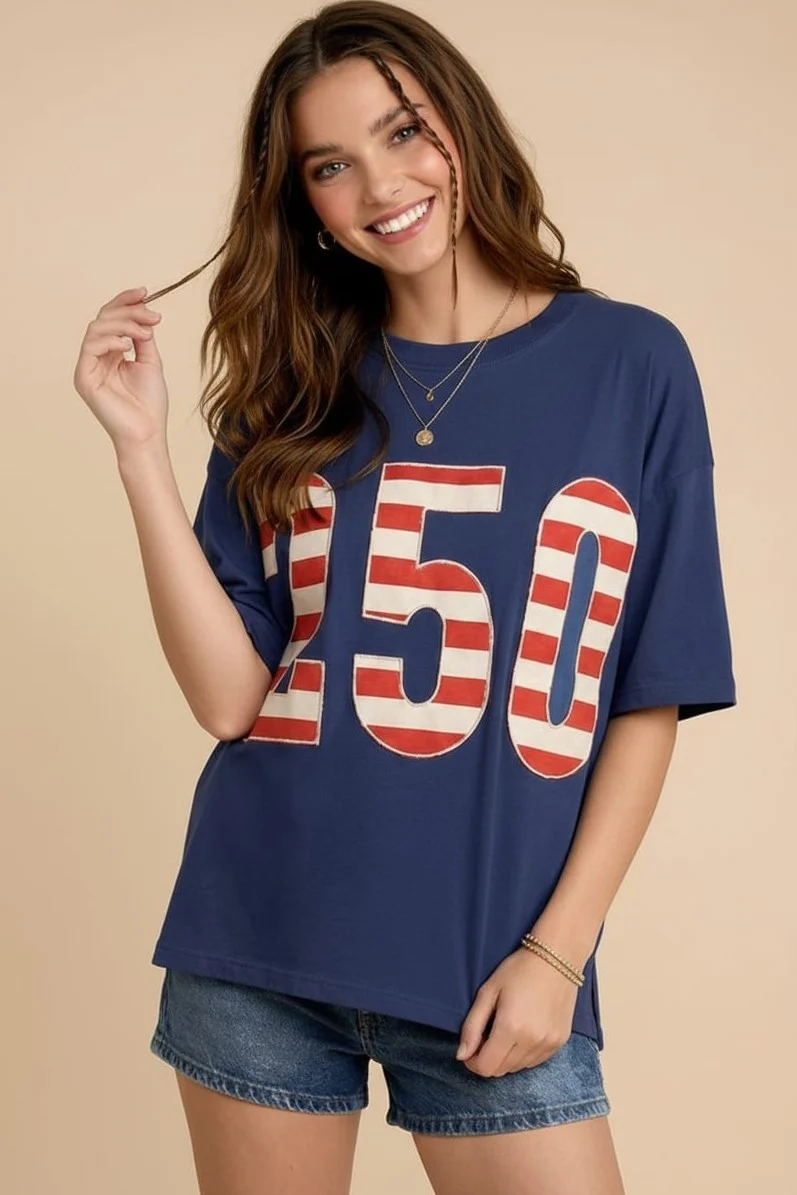250 Americana Stripe Oversized Graphic Tee in Navy - Image 6