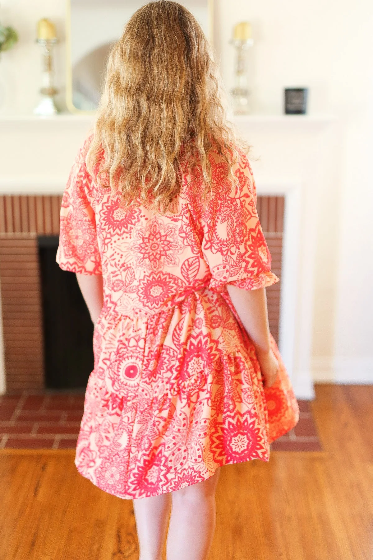 All You Need Peach & Coral Boho Floral V Neck Dress (Open Pack) - Image 9