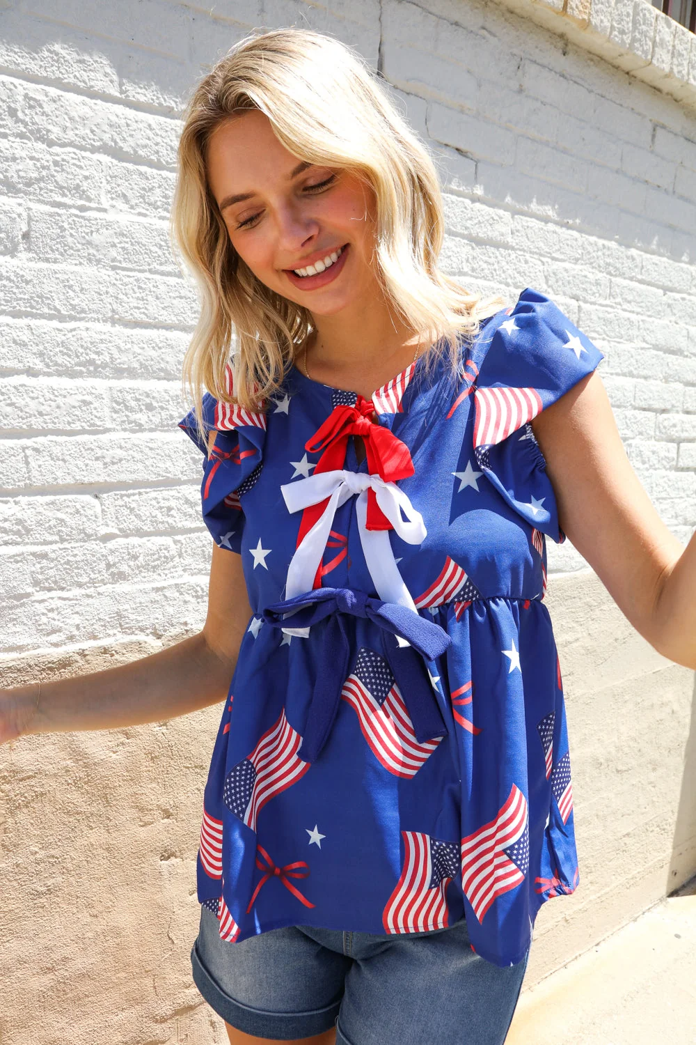 American Flag Blue & Red Stars & Bow Print Woven Top (Open Pack) - Image 10