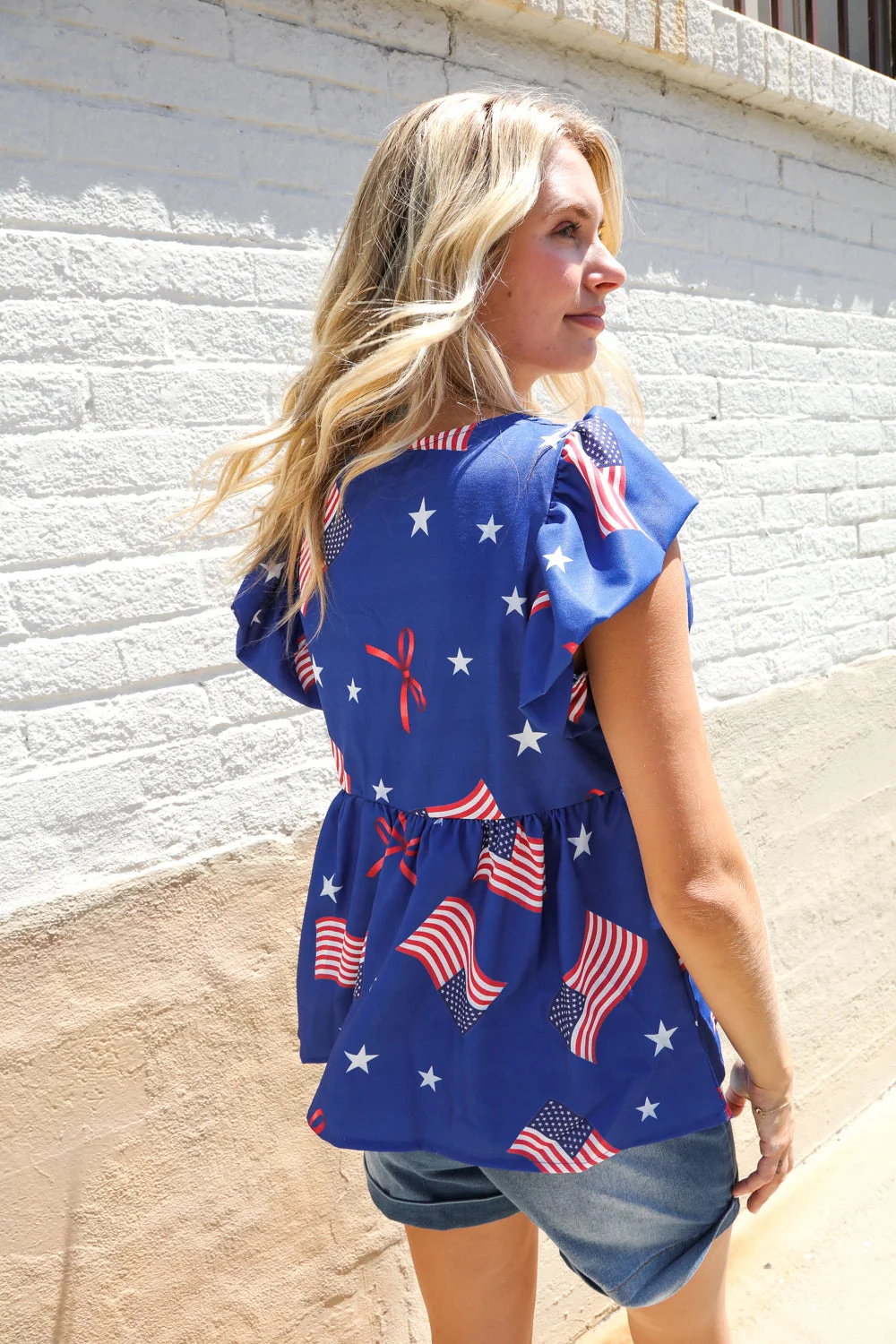 American Flag Blue & Red Stars & Bow Print Woven Top (Open Pack) - Image 14