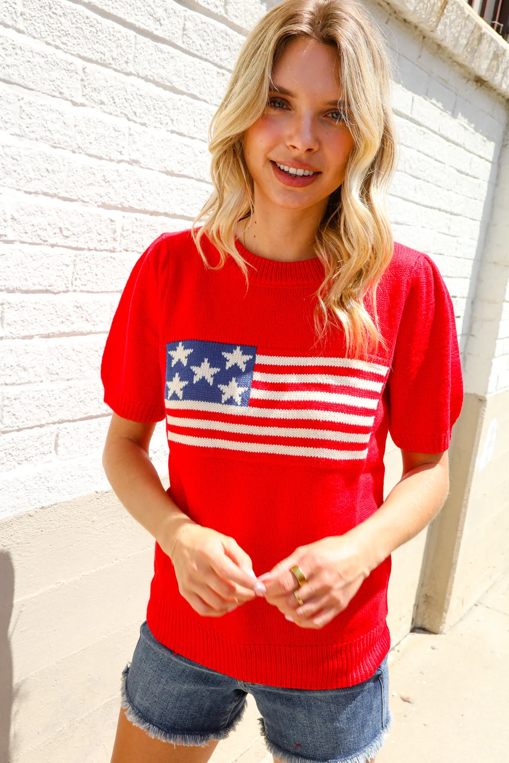 American Flag Bubble Short Sleeve Jacquard Sweater Knit Pullover (Open Pack) - Image 16
