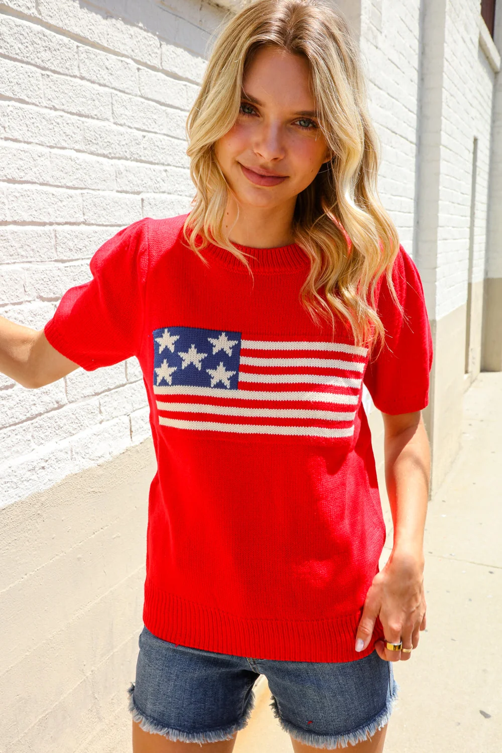 American Flag Bubble Short Sleeve Jacquard Sweater Knit Pullover (Open Pack) - Image 19