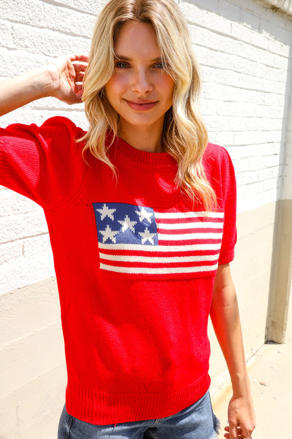 American Flag Bubble Short Sleeve Jacquard Sweater Knit Pullover (Open Pack) - Image 3