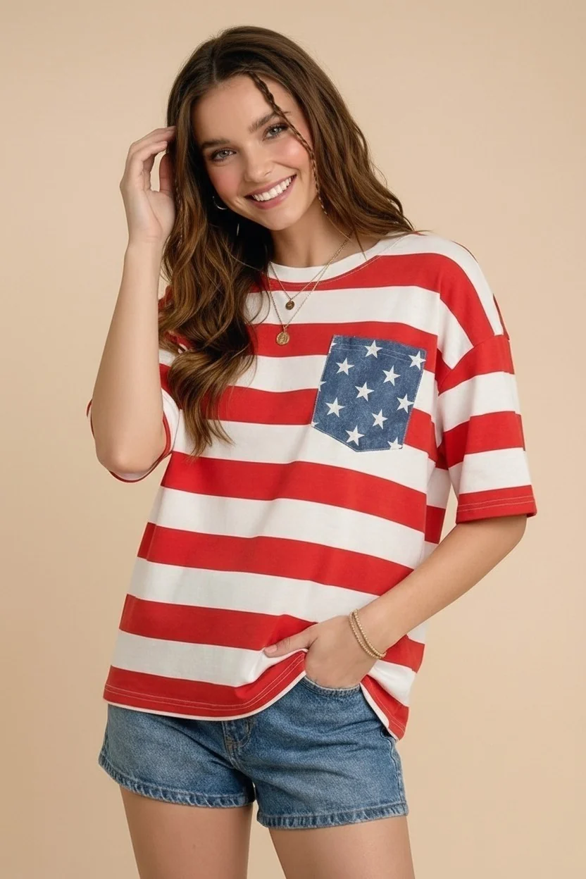 Plus American Flag Stripe Oversized Tee with Star Pocket