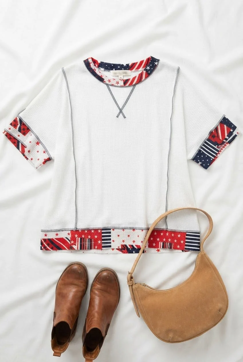 Americana Patchwork Trim Ribbed Top