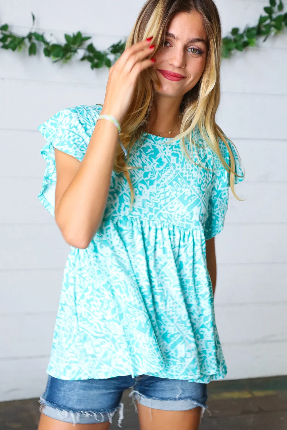 Aqua Boho Print Ruffle Short Sleeve Babydoll Top (Open Pack) - Image 13