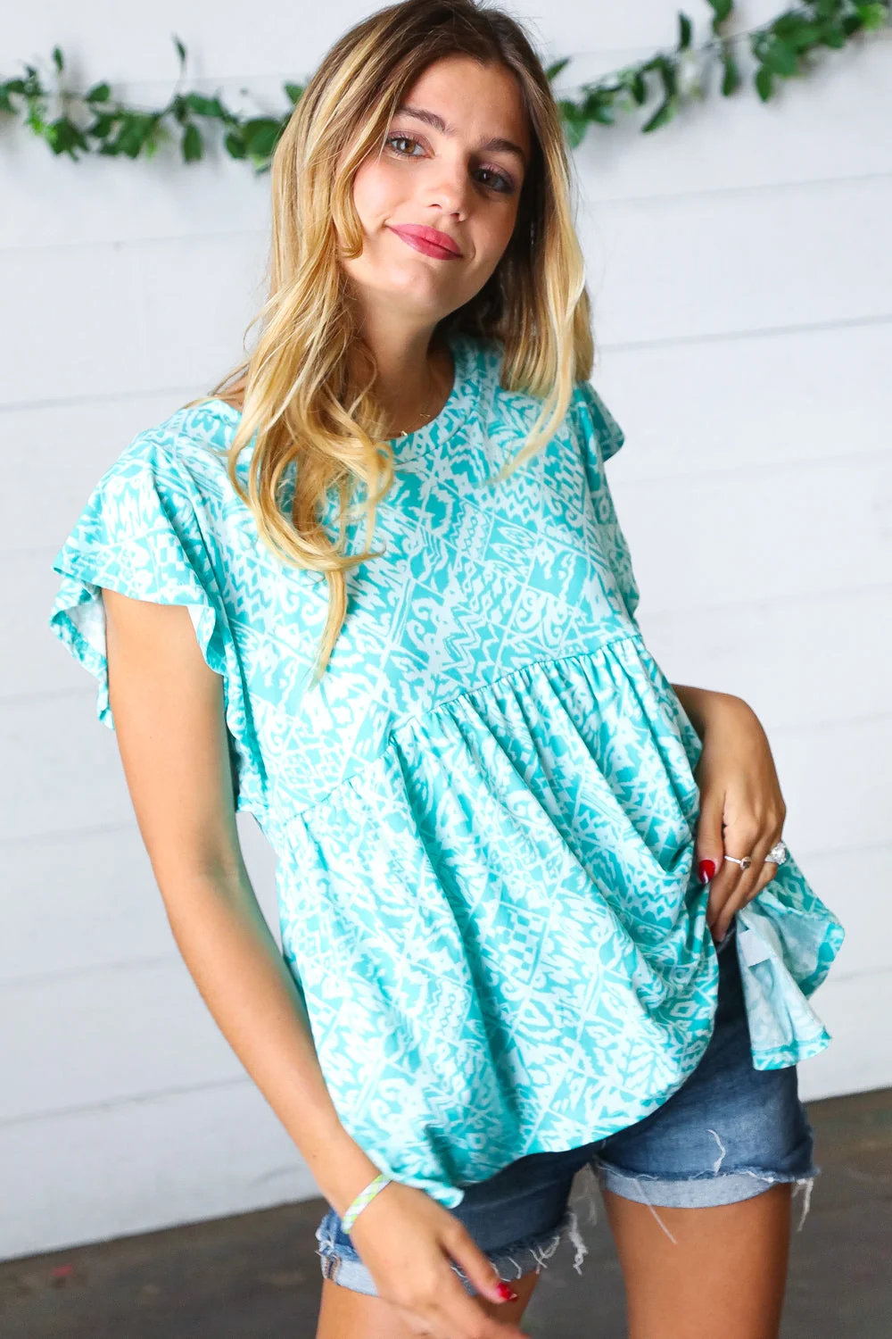 Aqua Boho Print Ruffle Short Sleeve Babydoll Top (Open Pack) - Image 4