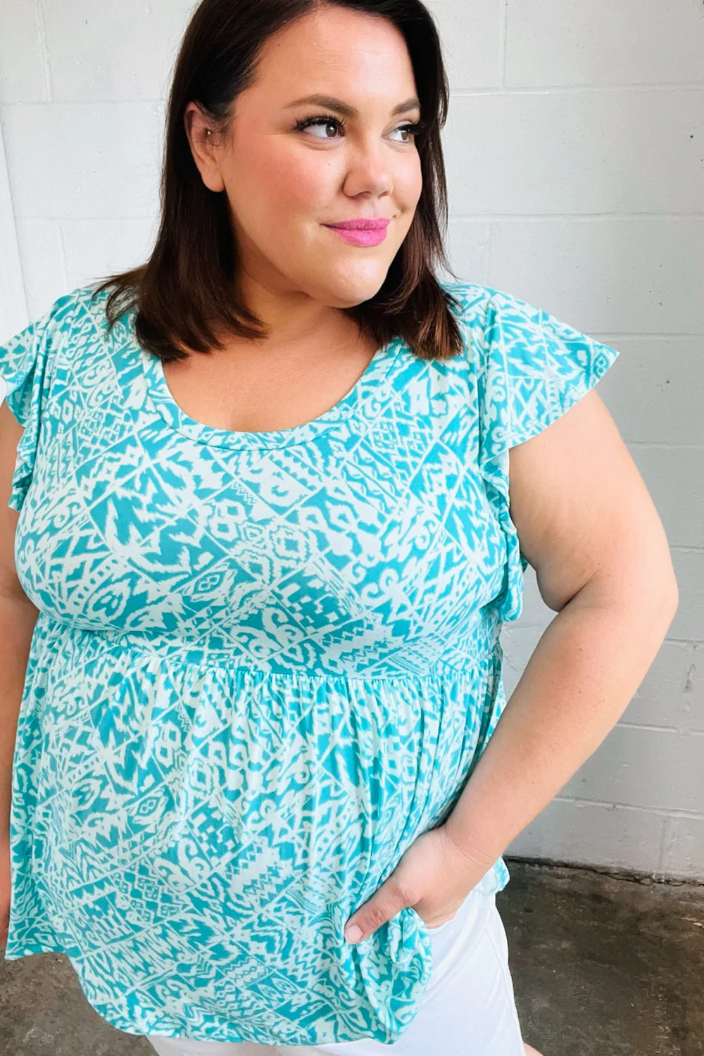 Aqua Boho Print Ruffle Short Sleeve Babydoll Top (Open Pack) - Image 7