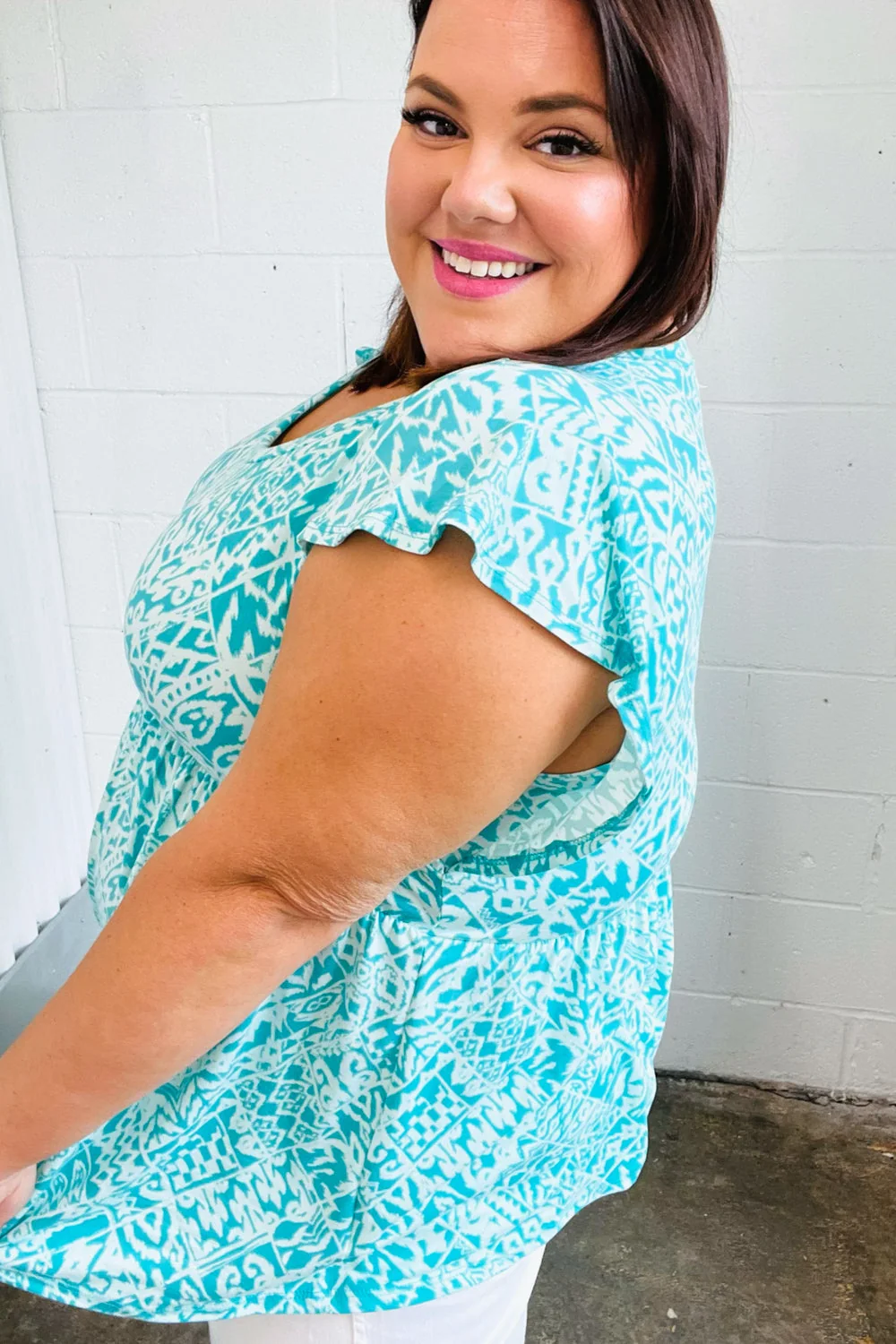 Aqua Boho Print Ruffle Short Sleeve Babydoll Top (Open Pack) - Image 9