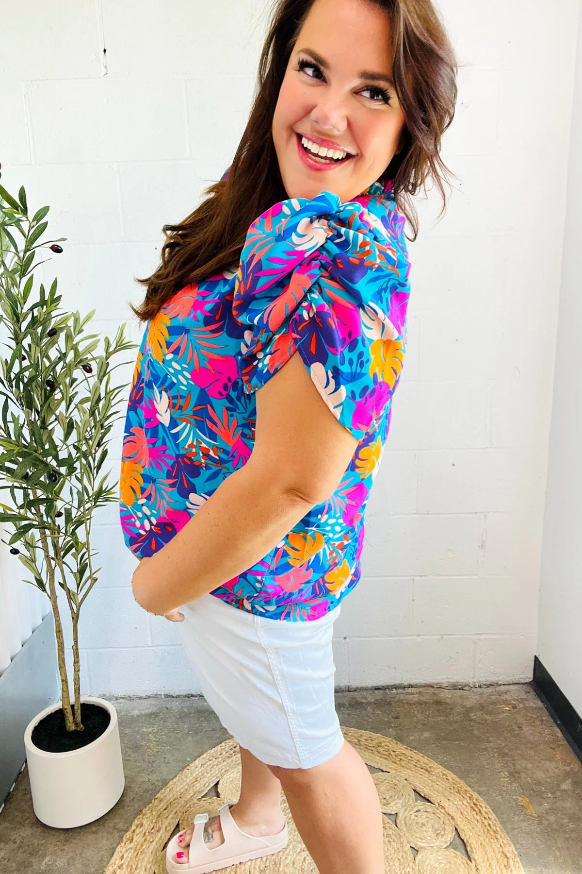 All For You Aqua Tropical Print Frill Notch Neck Puff Sleeve Top (Open Pack) - Image 5