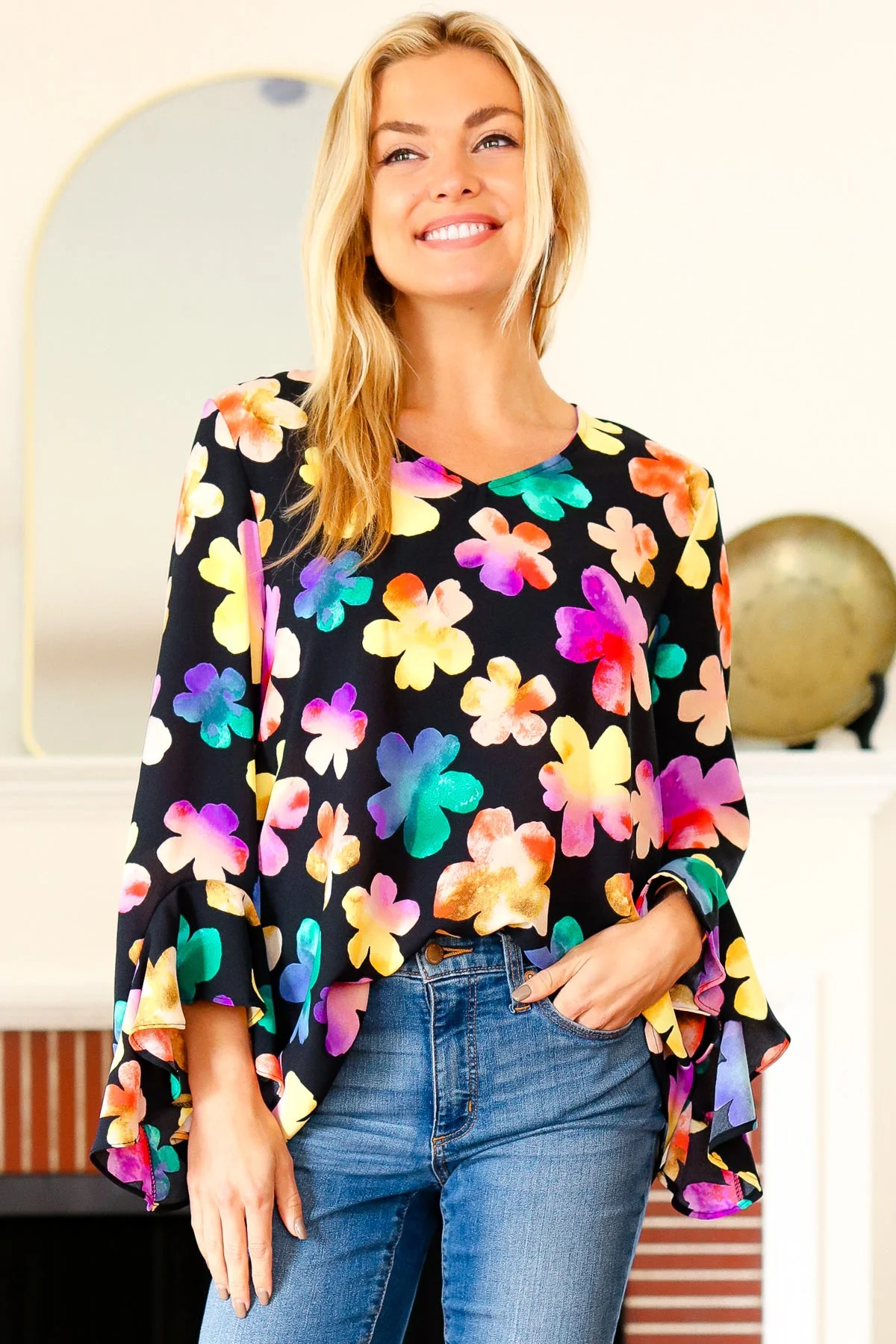 Be Bold Black Floral Hi-Lo Ruffle Sleeve Woven Top (Open Pack) - Image 17