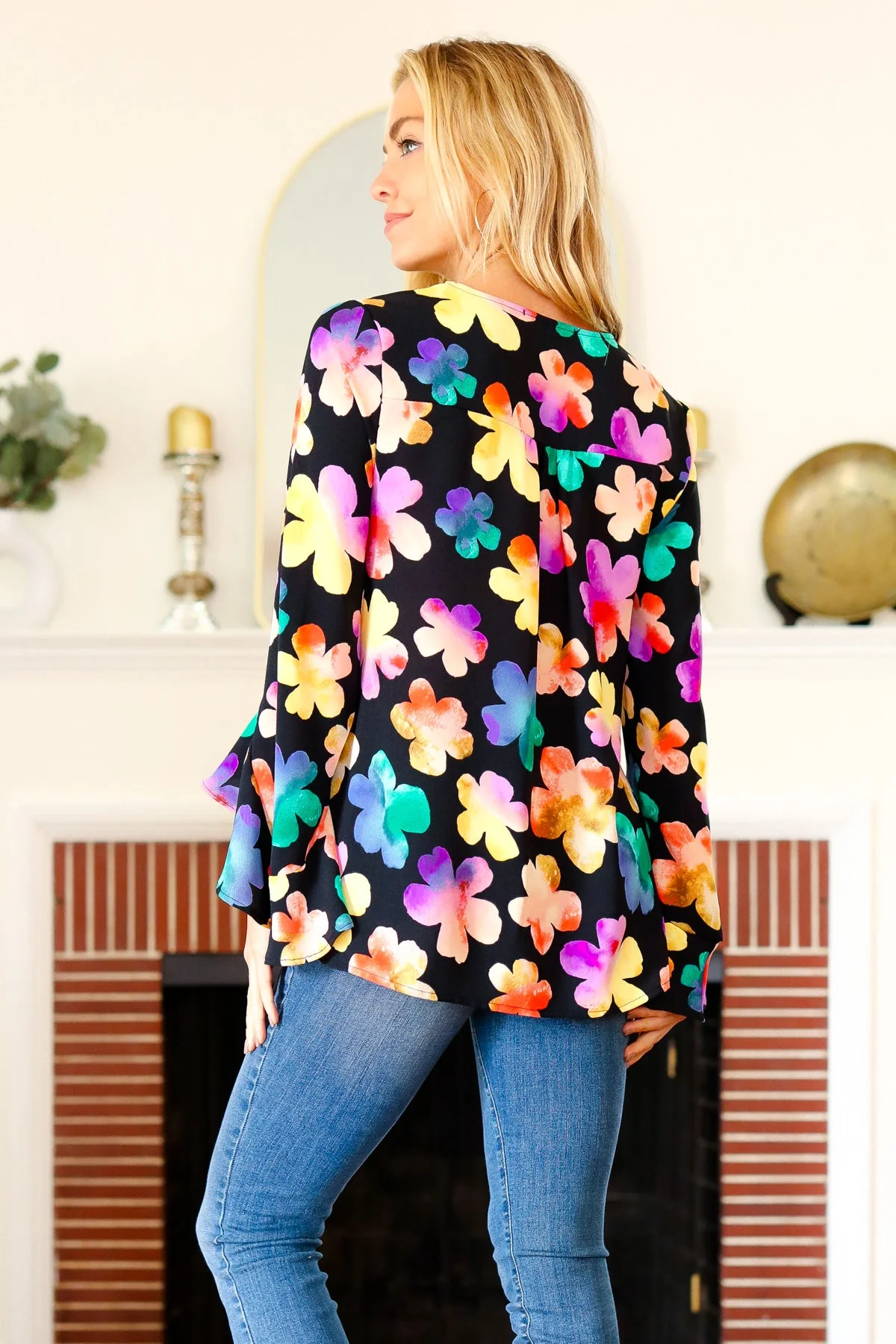 Be Bold Black Floral Hi-Lo Ruffle Sleeve Woven Top (Open Pack) - Image 4