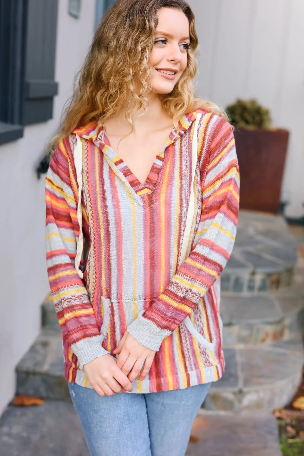 Be Bold Coral & Sienna Stripe Pullover Notched Neck Hoodie (Open Pack) - Image 17