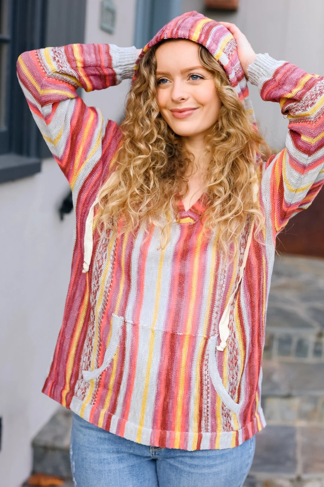 Be Bold Coral & Sienna Stripe Pullover Notched Neck Hoodie (Open Pack) - Image 4