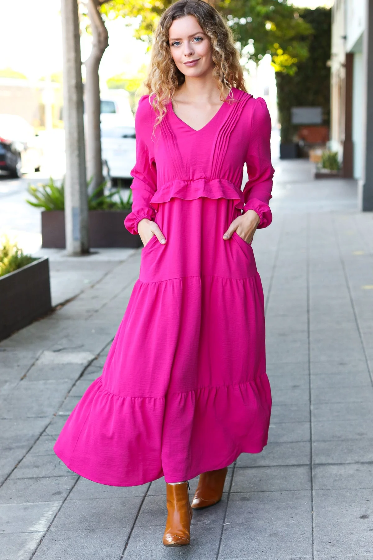 Beautiful You Berry Pintuck Detail Frill V Neck Maxi Dress (Open Pack) - Image 2
