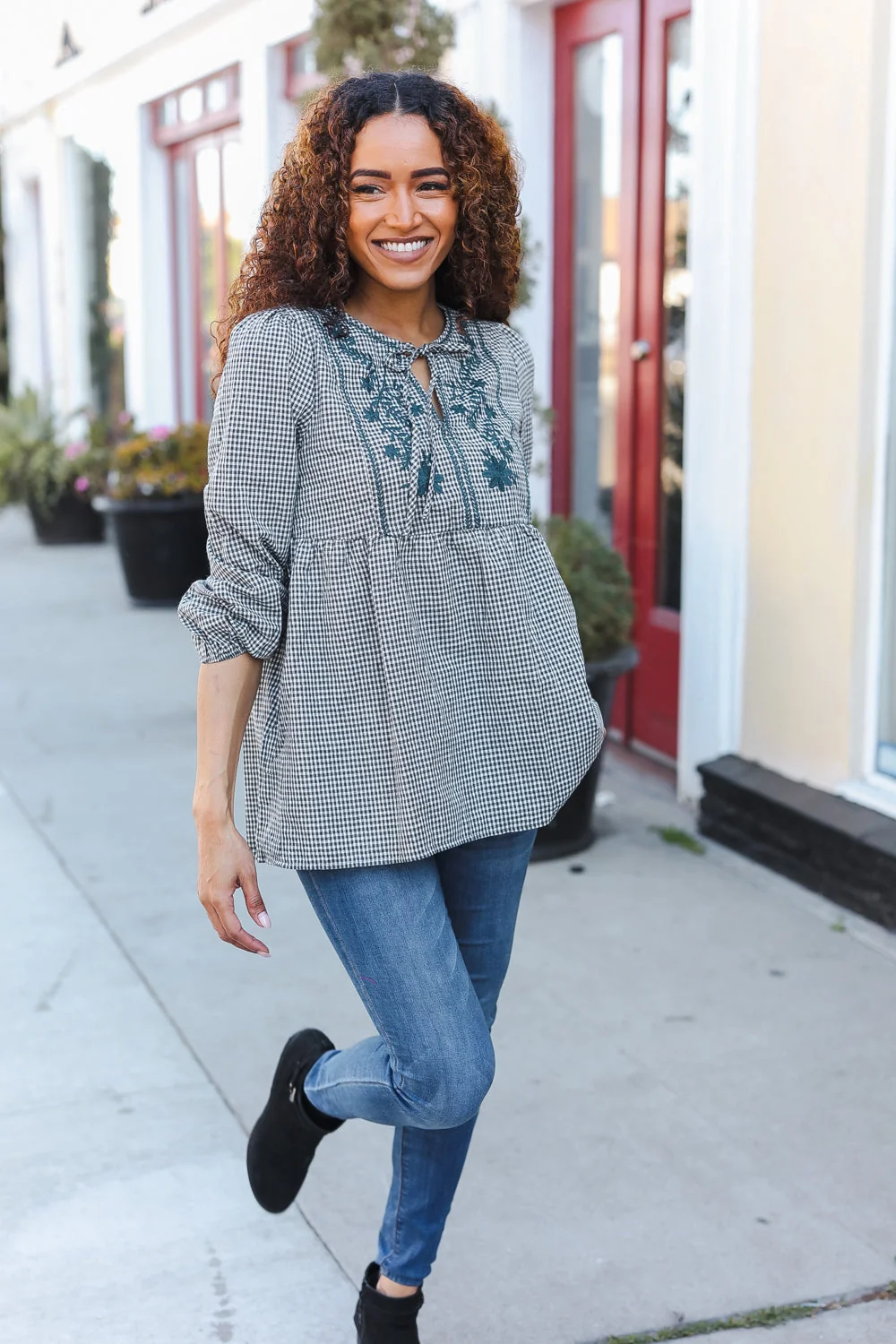 Beautiful You Dark Green Cotton Plaid Embroidered Back Button Top (Open Pack) - Image 3