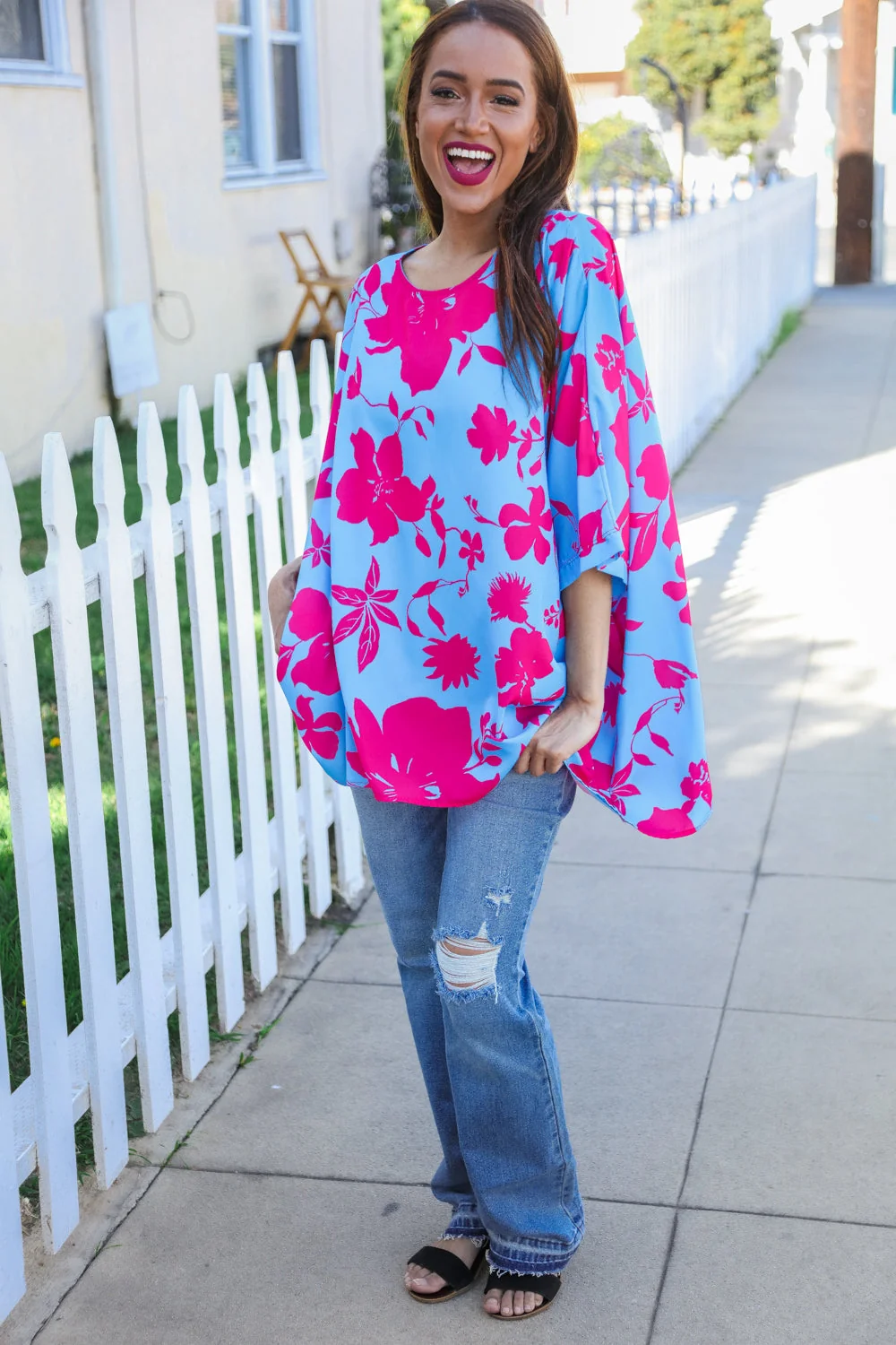 Follow Me Fuchsia Floral Asymmetrical Coverup Blouse (Open Pack) - Image 4