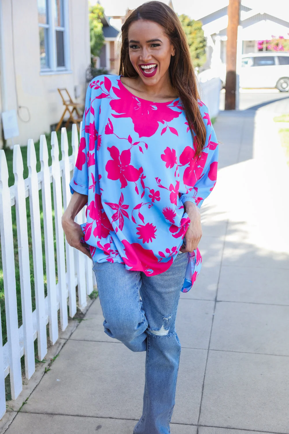 Follow Me Fuchsia Floral Asymmetrical Coverup Blouse (Open Pack) - Image 5