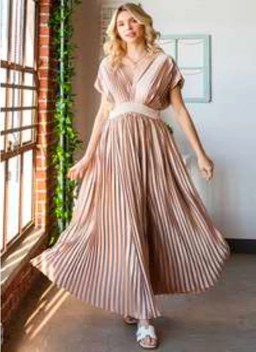 BEIGE SOLID COLOR SATIN PLEATED MAXI DRESS