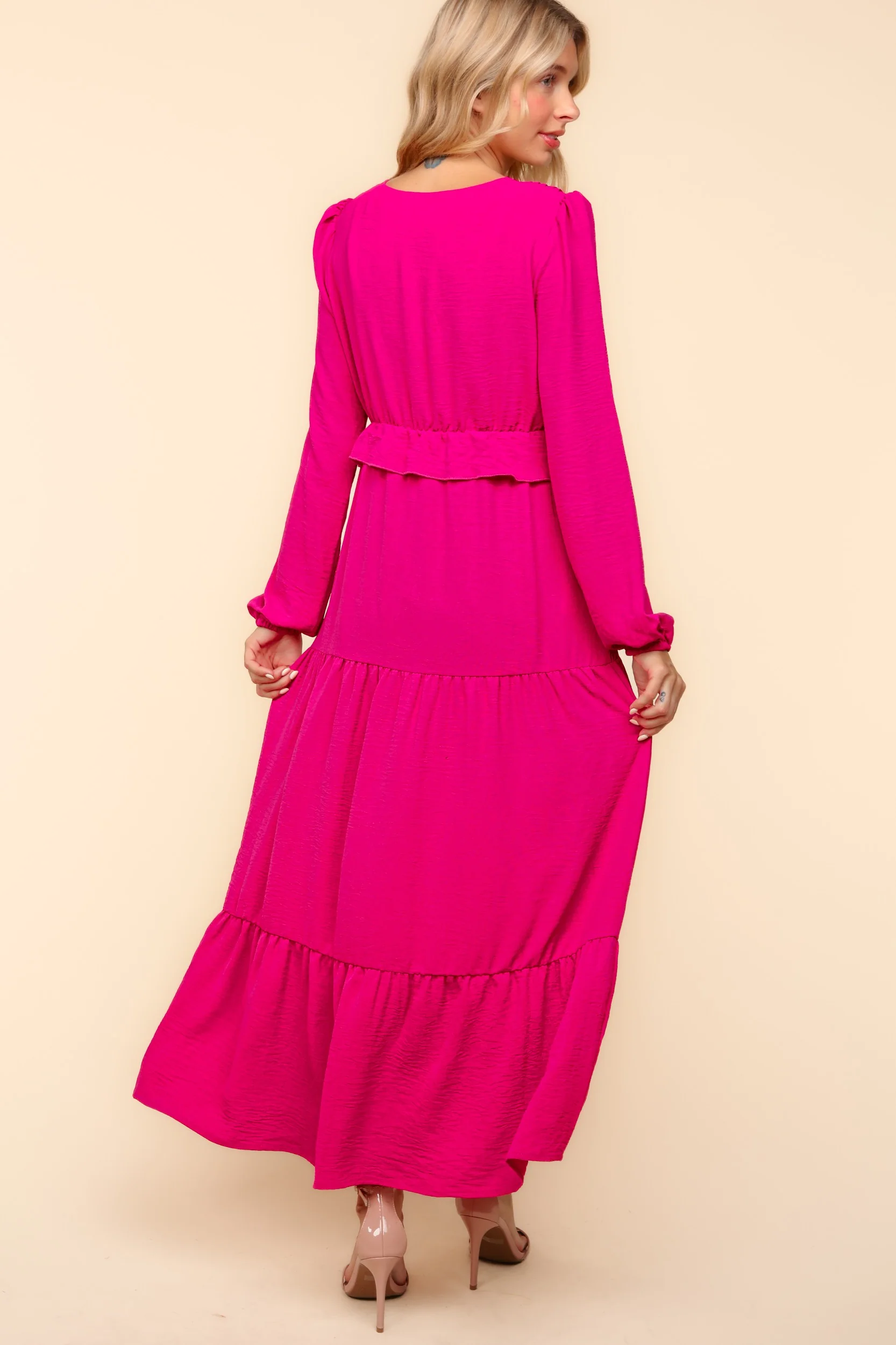 Berry V Neck Pintuck Detail Solid Woven Dress - Image 3