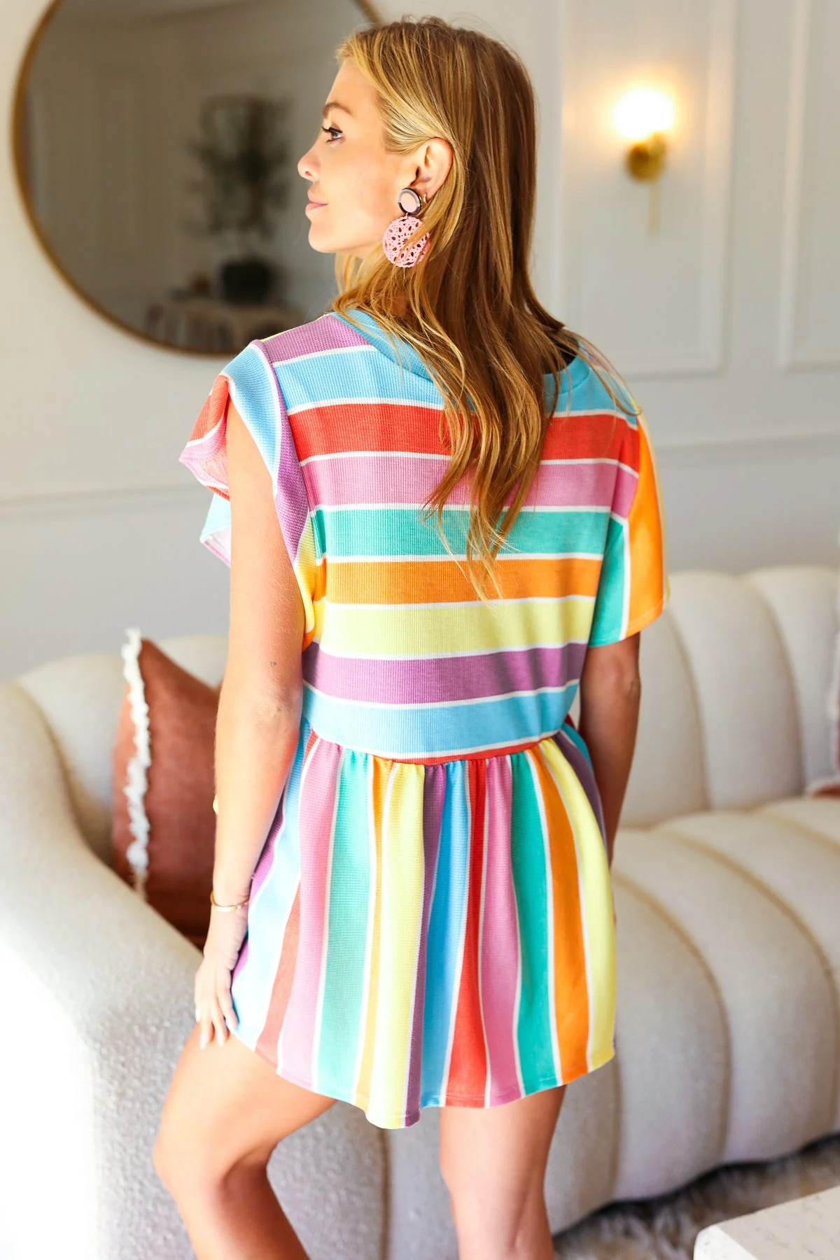 Best In Bold Multicolor Stripe Thermal Ruffle Sleeve Babydoll Top (Open Pack) - Image 3