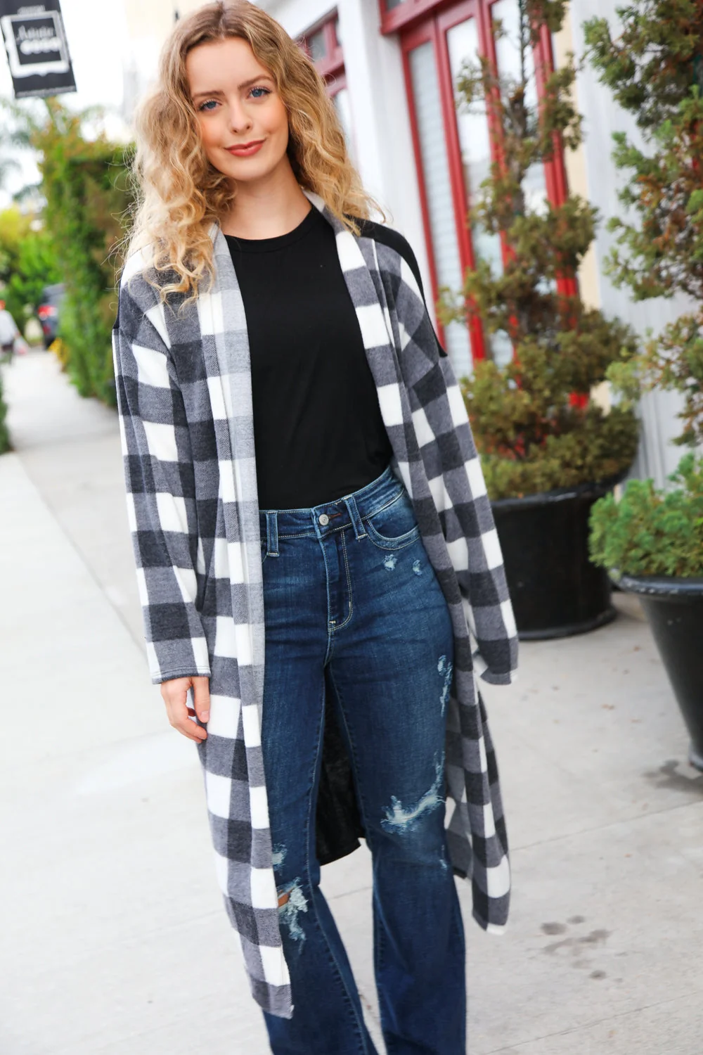 Get To Know You Black Buffalo Plaid Hacci Cardigan (Open Pack) - Image 12