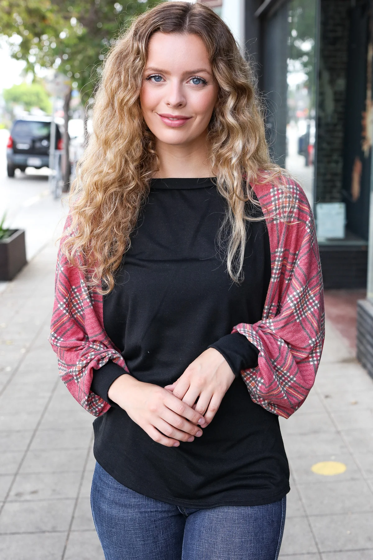 Black & Burgundy Plaid Sleeve Top - Image 5