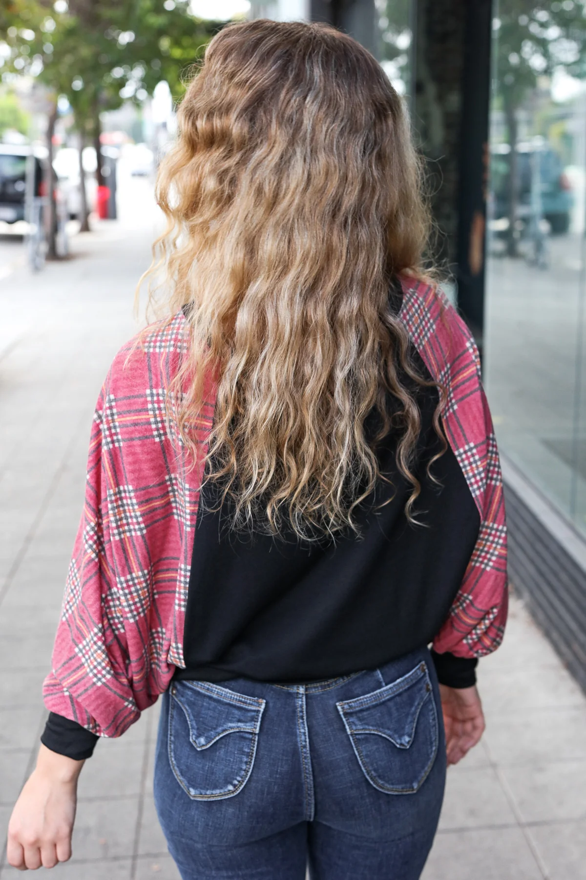 Black & Burgundy Plaid Sleeve Top - Image 8