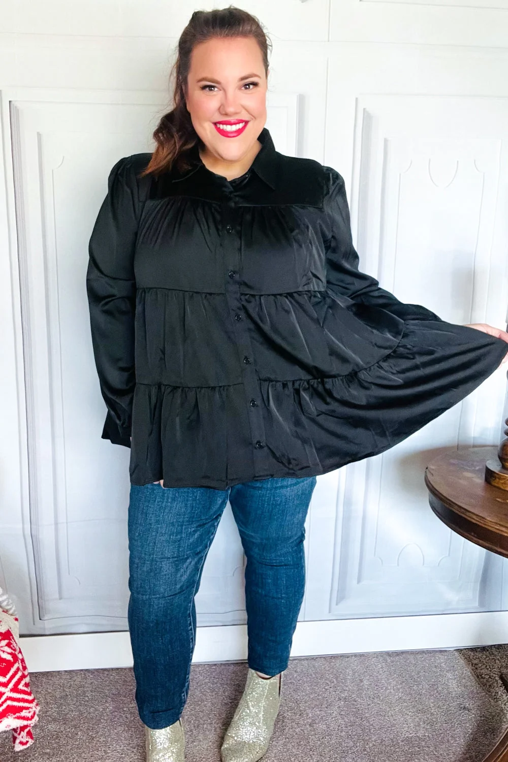 Perfectly You Black Button Down Tiered Babydoll Satin Top (Open Pack)