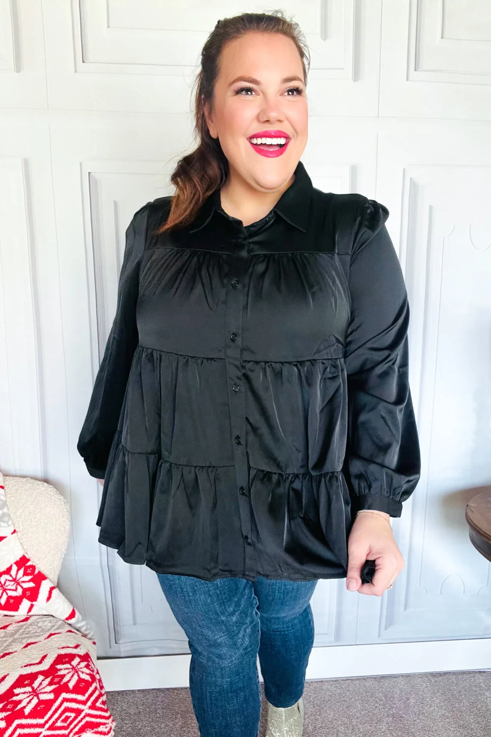 Perfectly You Black Button Down Tiered Babydoll Satin Top (Open Pack) - Image 10