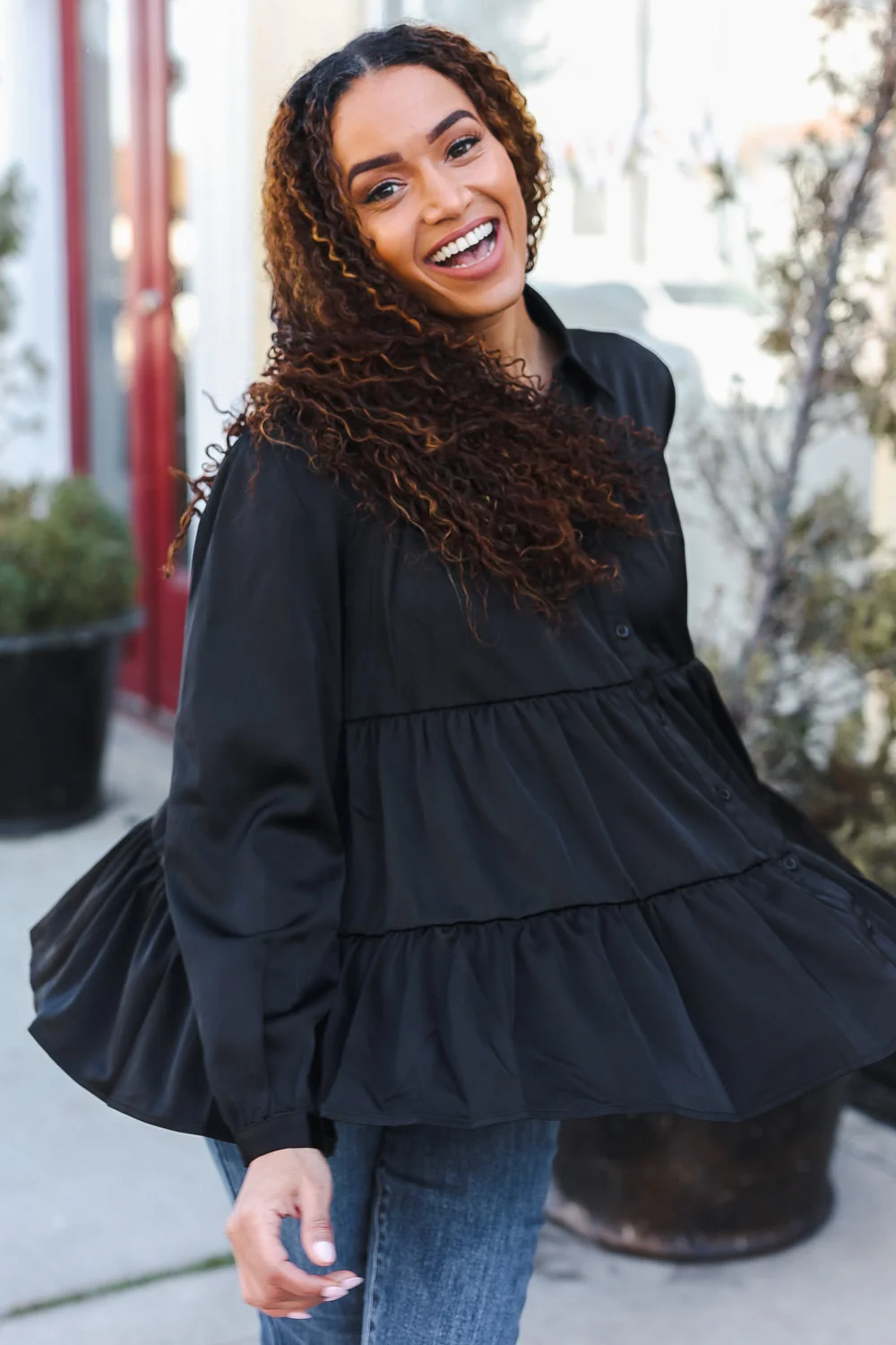 Perfectly You Black Button Down Tiered Babydoll Satin Top (Open Pack) - Image 11