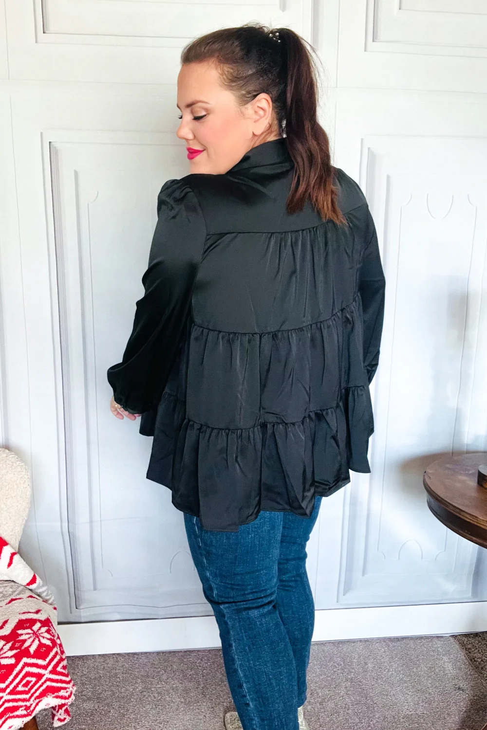 Perfectly You Black Button Down Tiered Babydoll Satin Top (Open Pack) - Image 12
