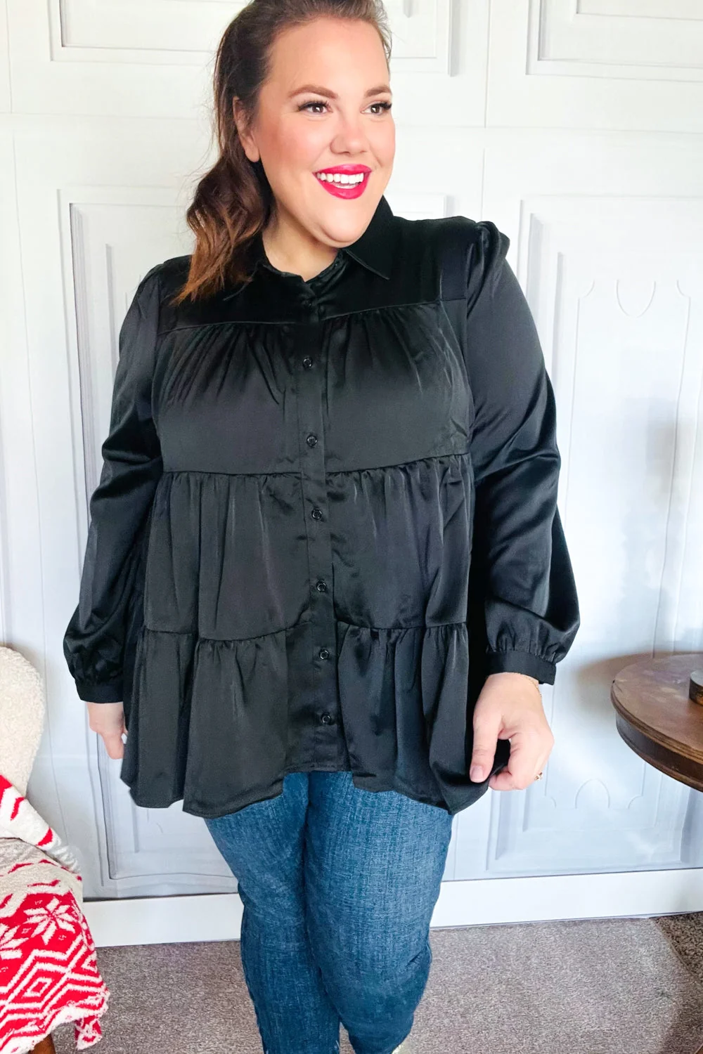 Perfectly You Black Button Down Tiered Babydoll Satin Top (Open Pack) - Image 14