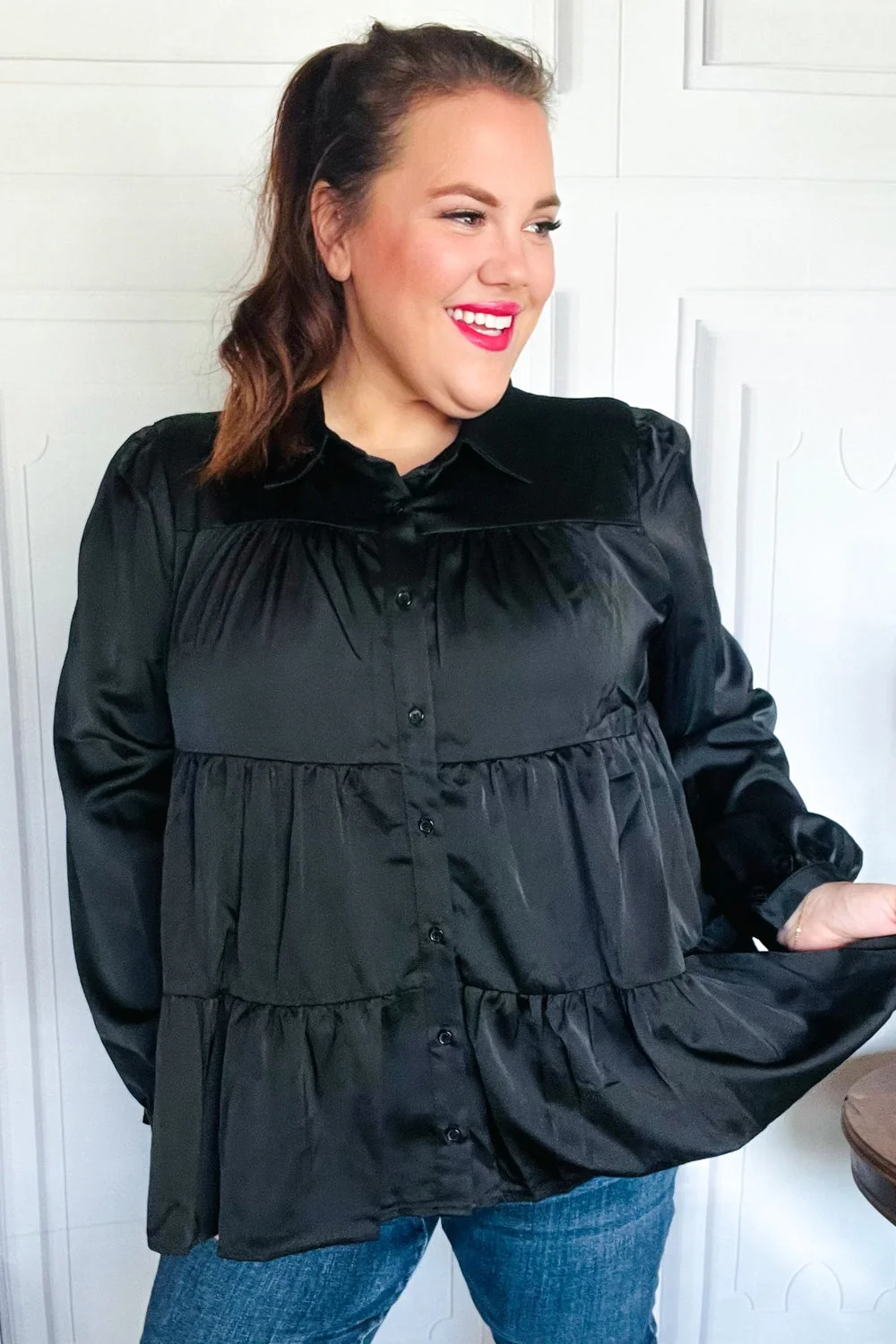 Perfectly You Black Button Down Tiered Babydoll Satin Top (Open Pack) - Image 4