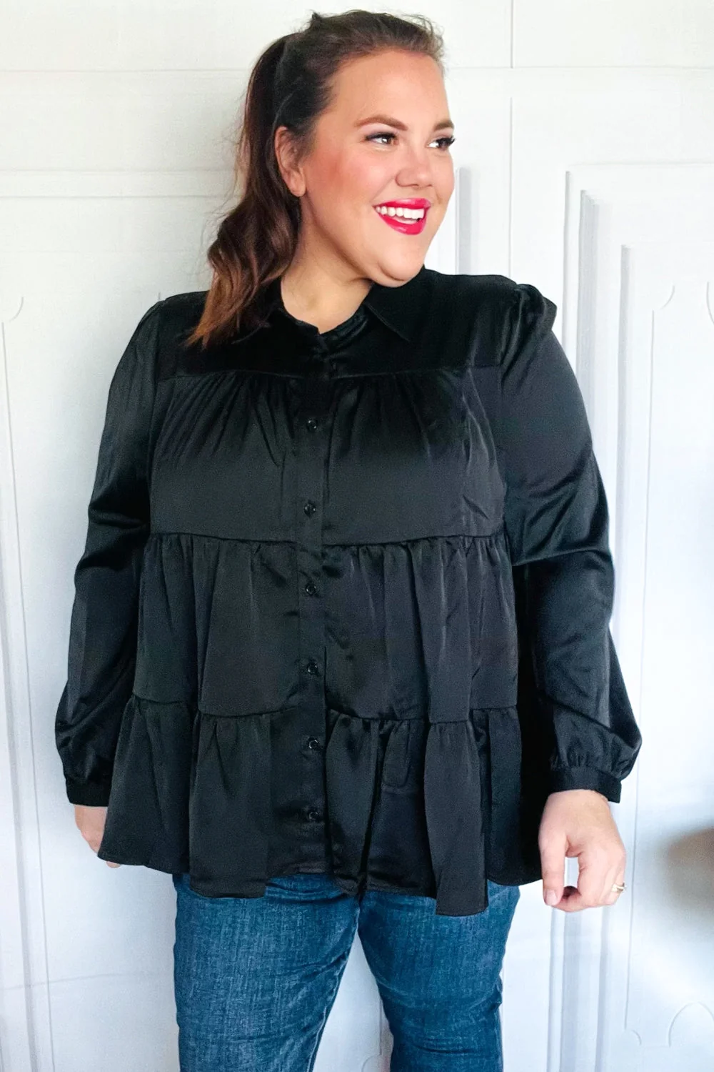 Perfectly You Black Button Down Tiered Babydoll Satin Top (Open Pack) - Image 7