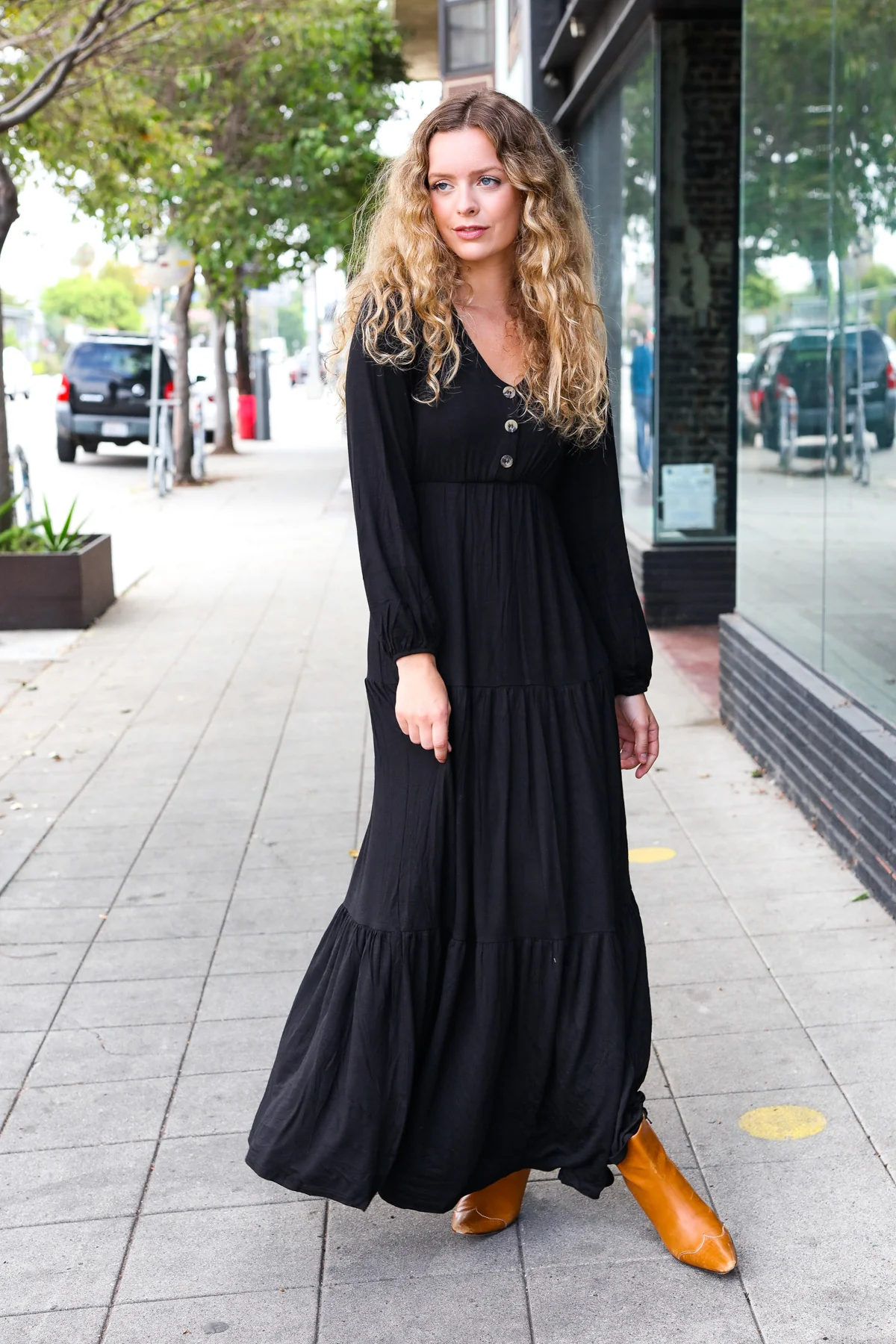 Black Button Henley Maxi Dress - Image 2