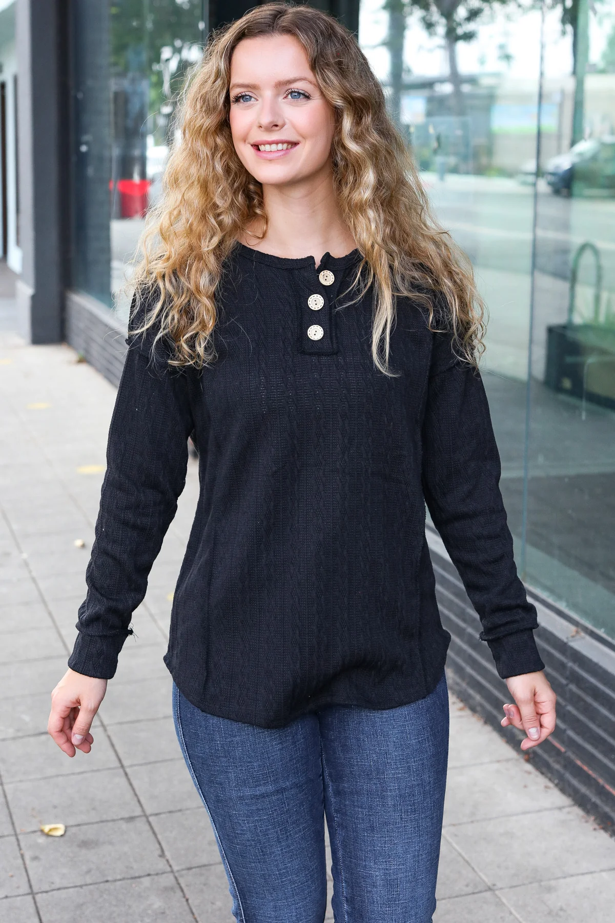 Black Button Henley Textured Top - Image 4