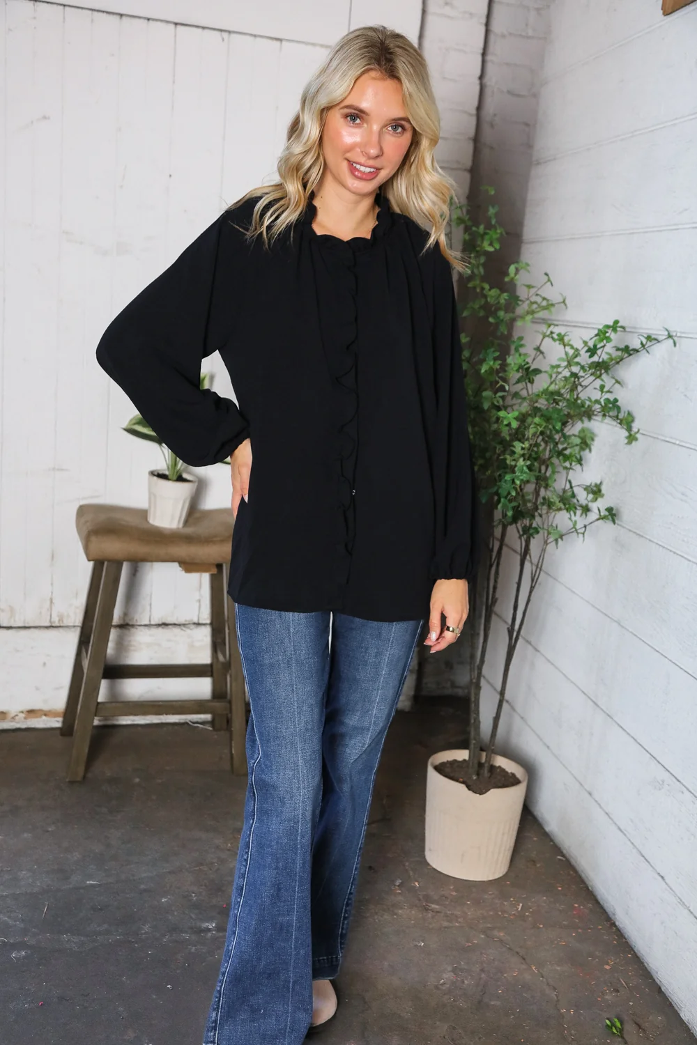 Black Crinkled Woven Design Blouse - Image 2