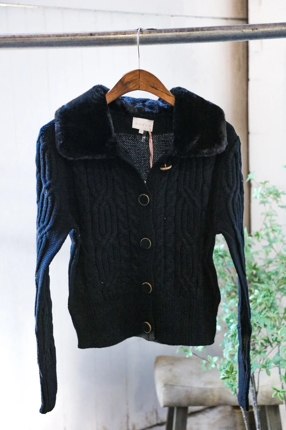 Black Faux Fur Collar Glam Button Down Cardigan