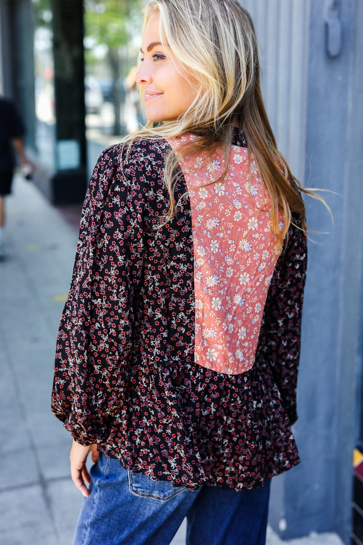 Black Floral Beaded Tie Peasant Woven Blouse (Open Pack) - Image 3
