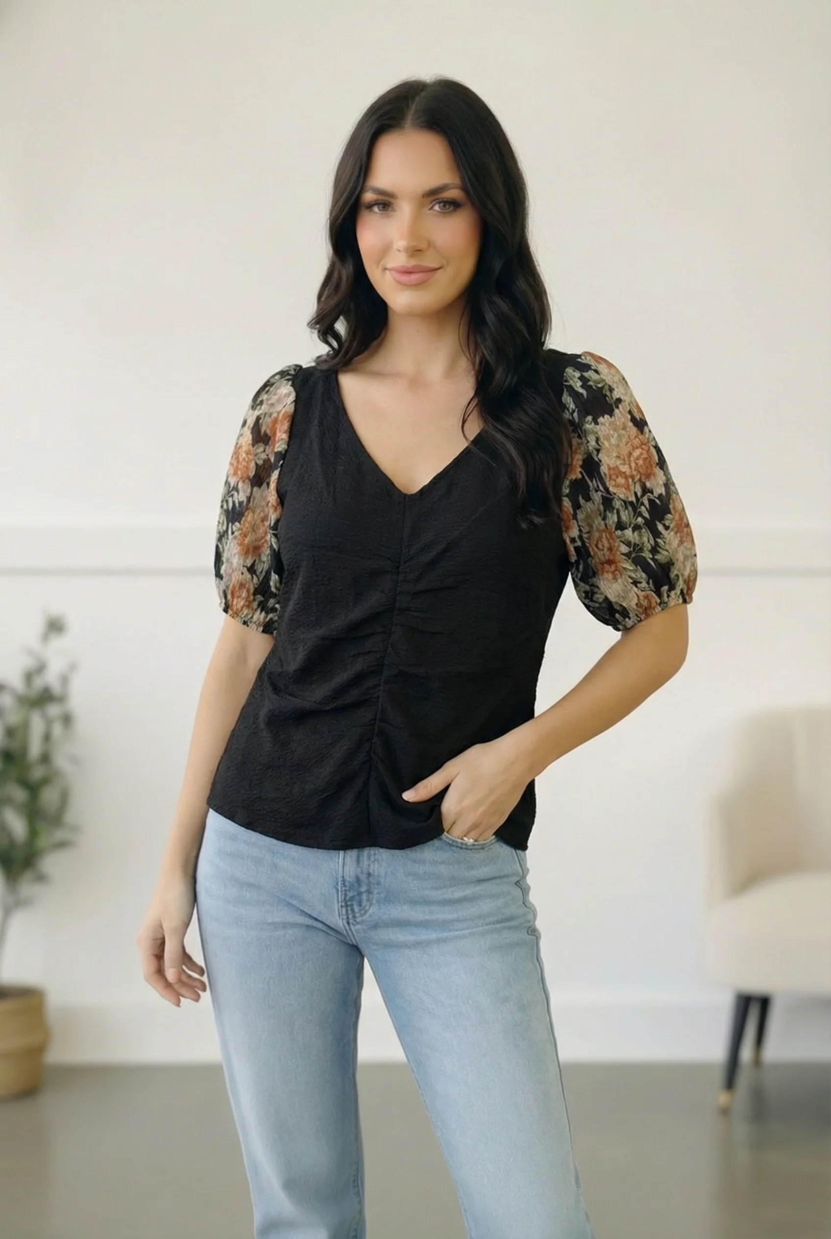 Black Floral Puff Sleeve Top - Image 3