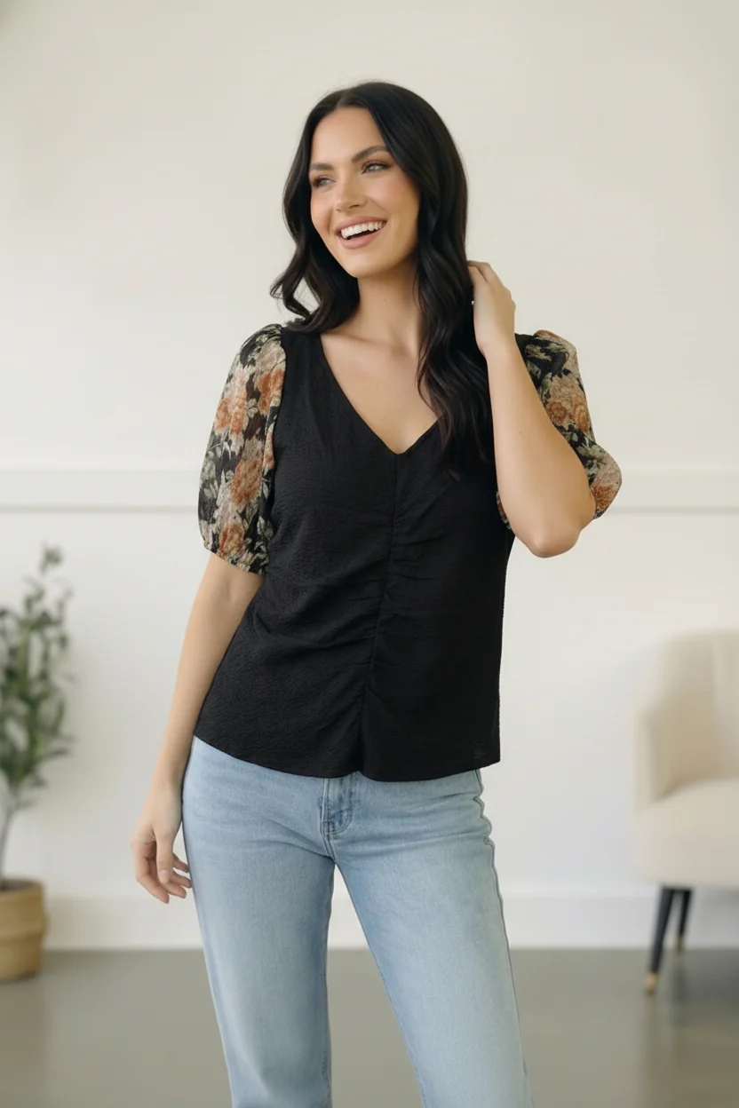Black Floral Puff Sleeve Top - Image 5