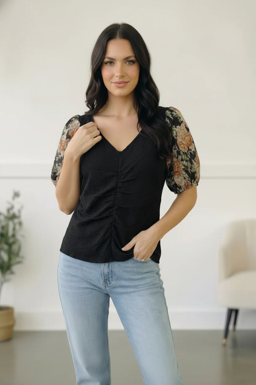 Black Floral Puff Sleeve Top - Image 6