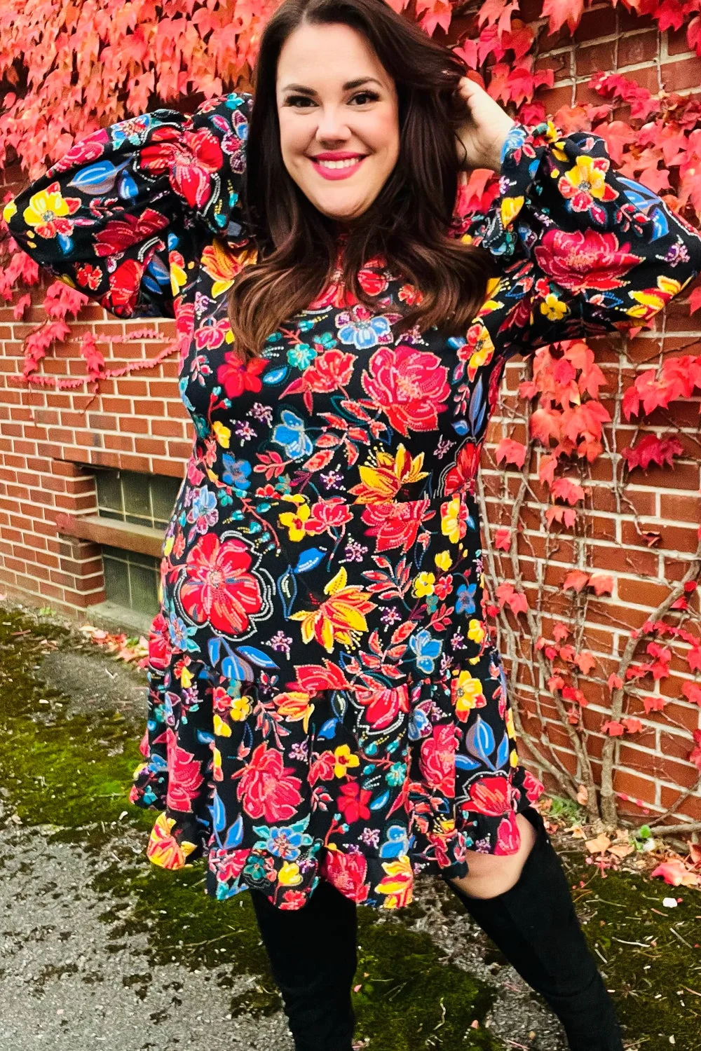 Lock Eyes Black Floral Sequin Print Ruffle Sleeve Frill Mock Neck Dress (Open Pack) - Image 17