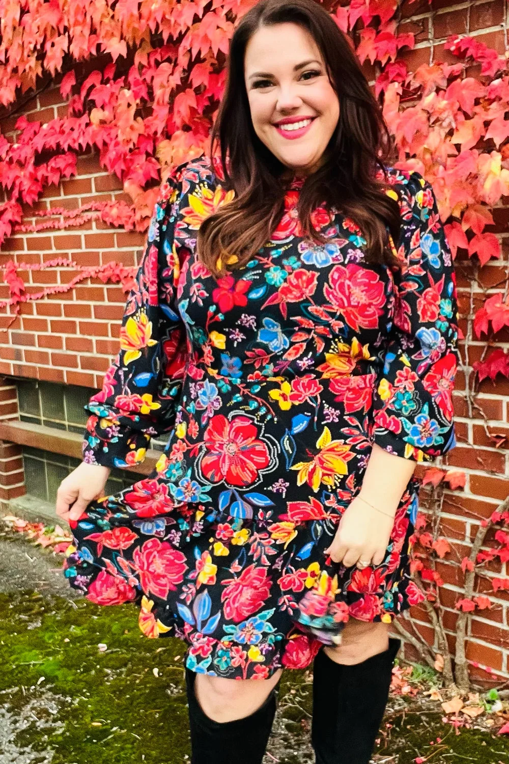 Lock Eyes Black Floral Sequin Print Ruffle Sleeve Frill Mock Neck Dress (Open Pack) - Image 25