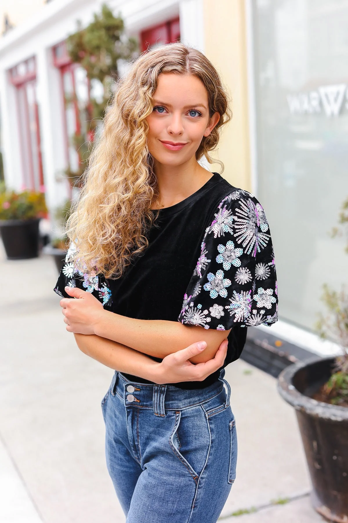 Feeling Glamorous Black Floral Sequin Puff Sleeve Velvet Top (Open Pack) - Image 15