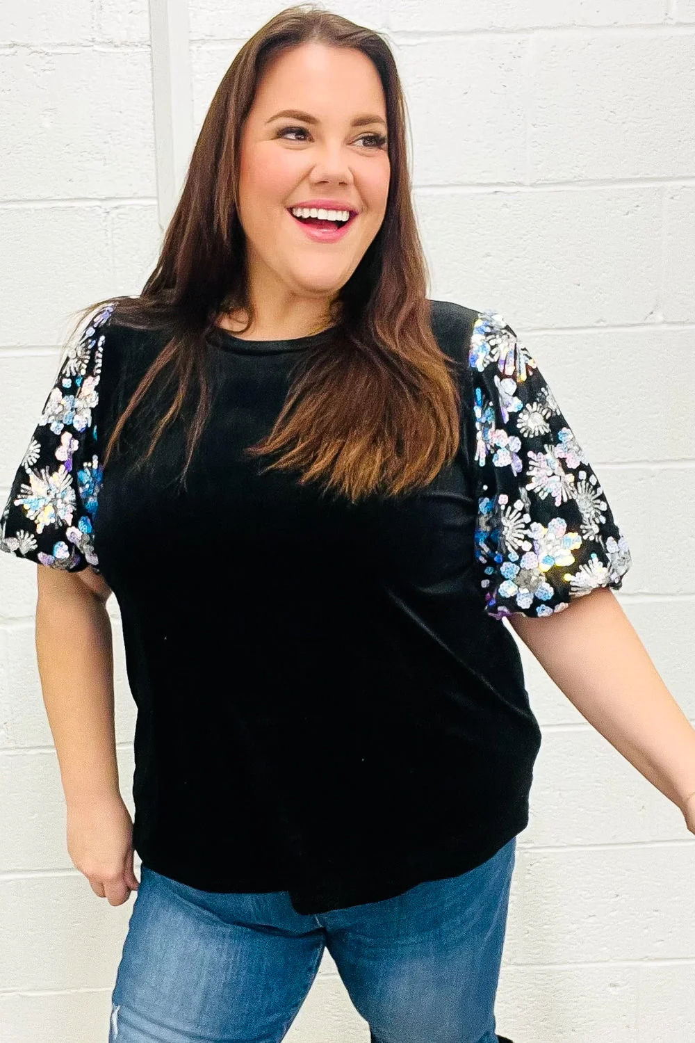 Feeling Glamorous Black Floral Sequin Puff Sleeve Velvet Top (Open Pack) - Image 4
