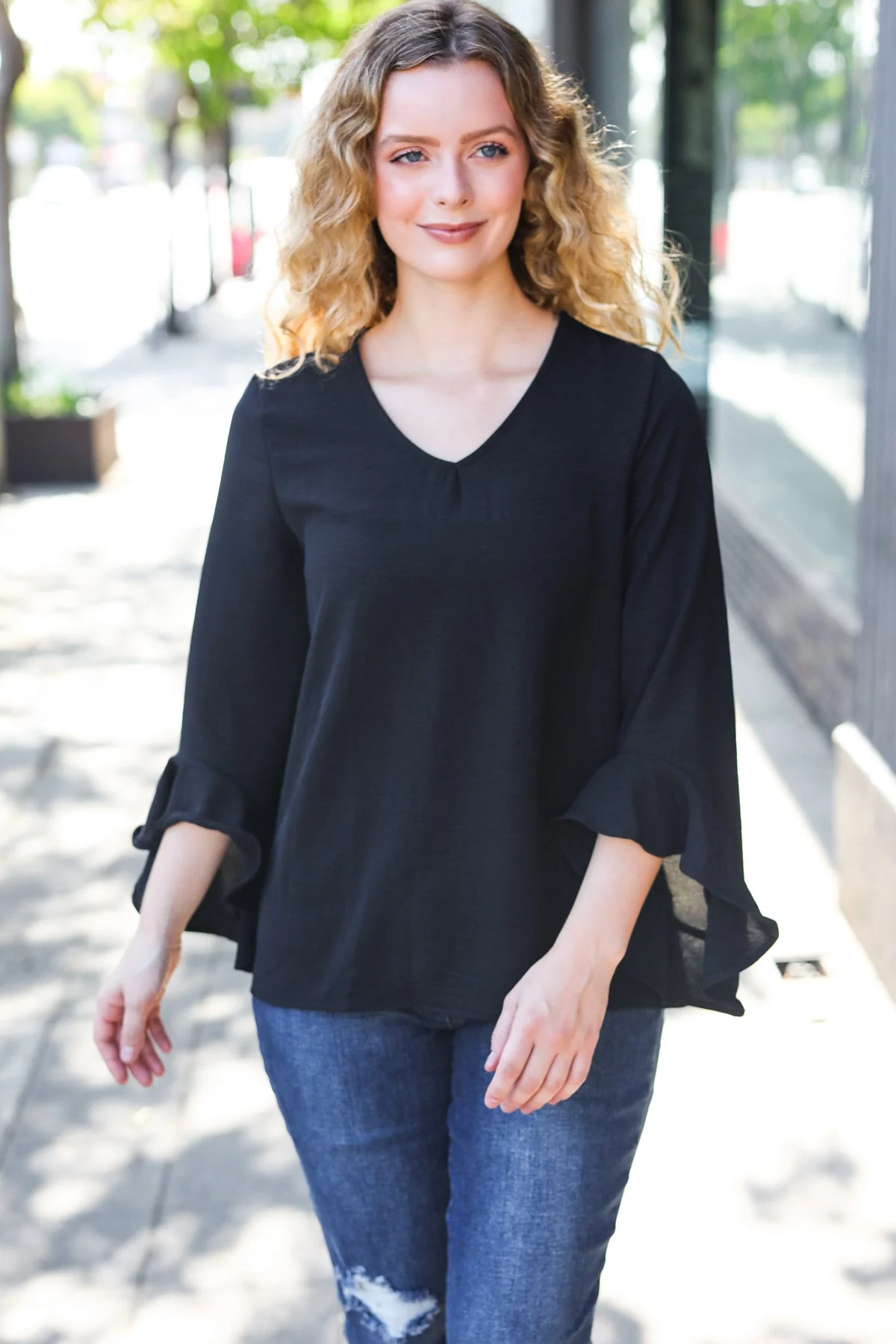 Falling In Love Black Hi-Lo Ruffle Sleeve Woven Top (Open Pack) - Image 11