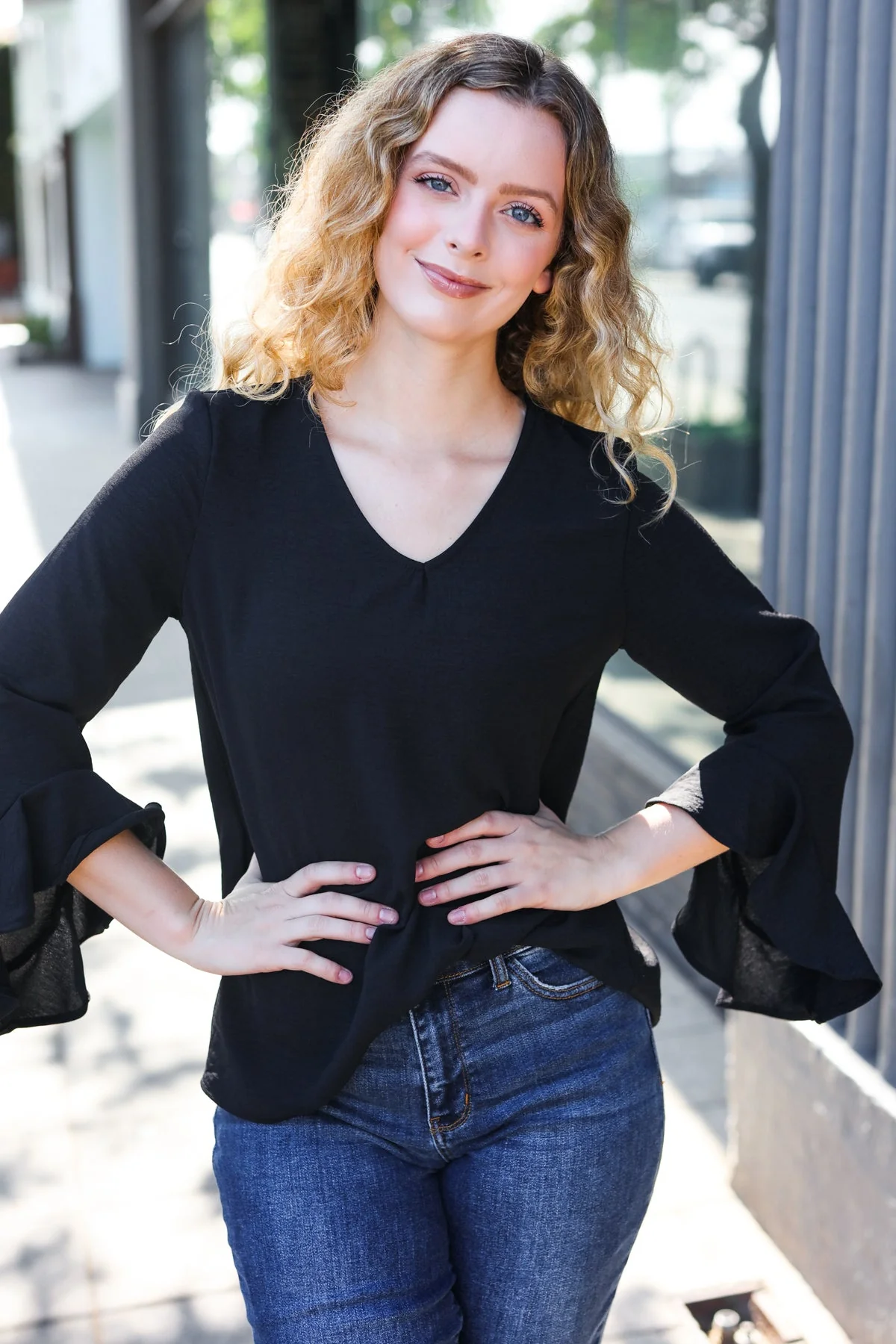 Falling In Love Black Hi-Lo Ruffle Sleeve Woven Top (Open Pack) - Image 5