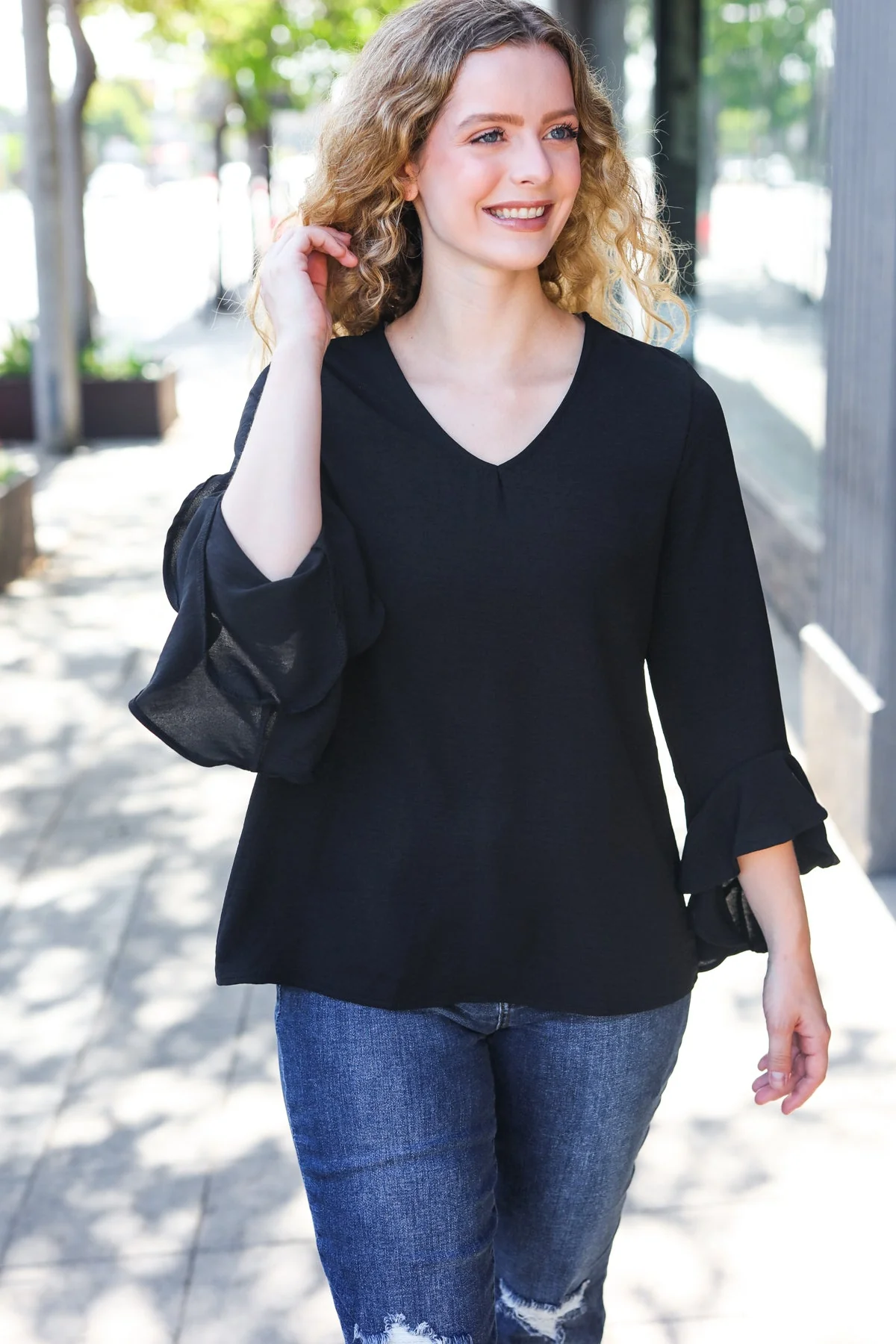 Falling In Love Black Hi-Lo Ruffle Sleeve Woven Top (Open Pack) - Image 8